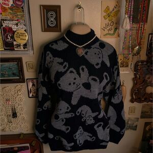 Vintage Teddy Bear Turtleneck Sweater Women's XL/1X Navy Blue All Over Print